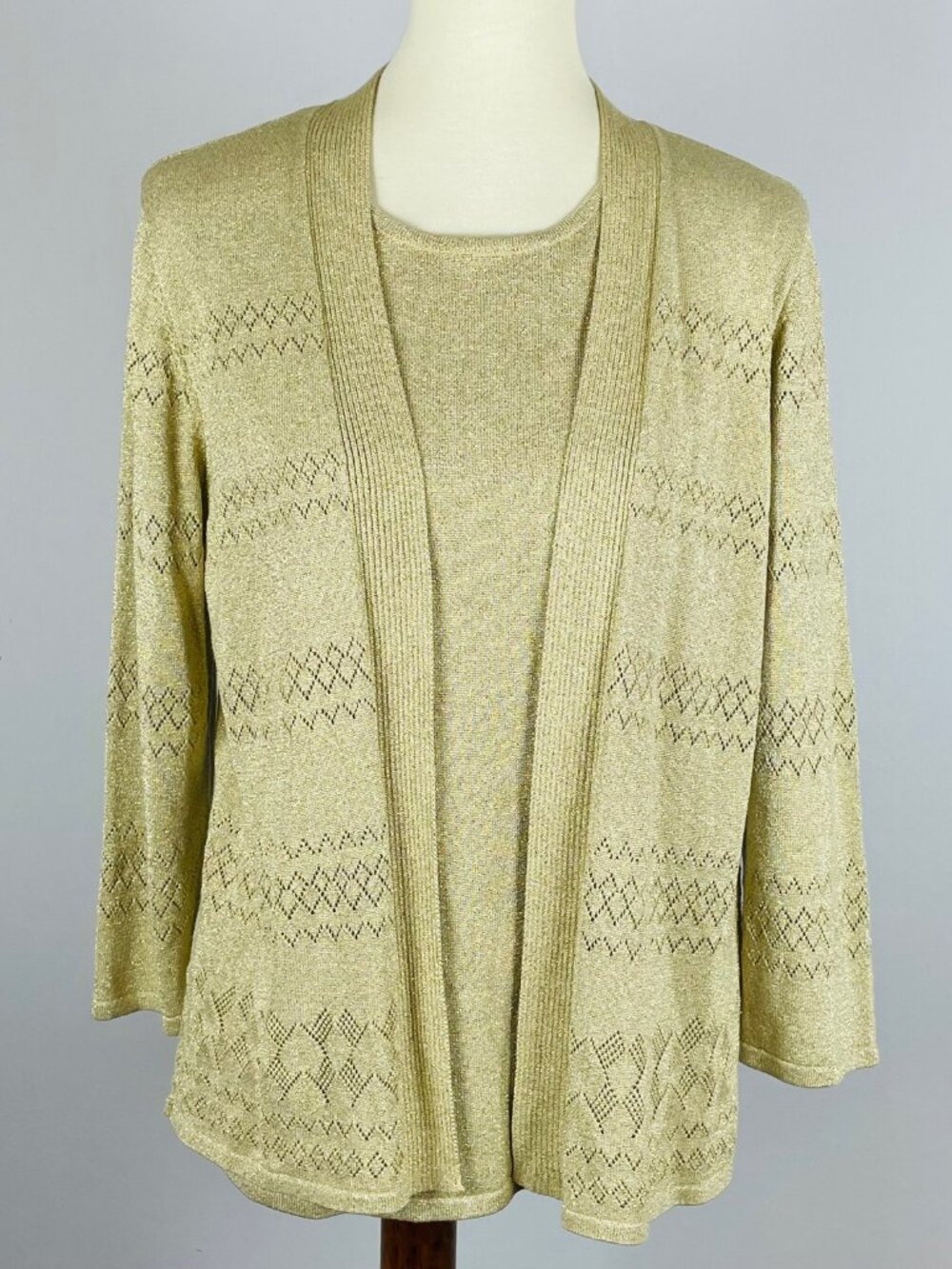 Alfred Dunner Gold Metallic Faux Twinset Cardigan Sz M Mob Wife Maximalist Glam